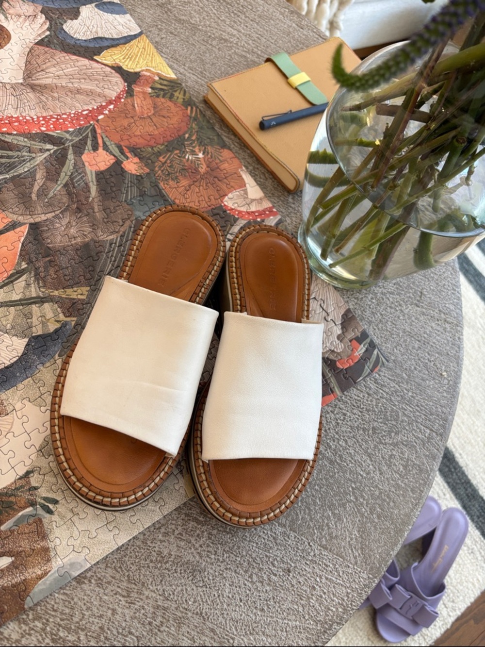 Robert Clergerie White Slide Sandals with Brown Footbed